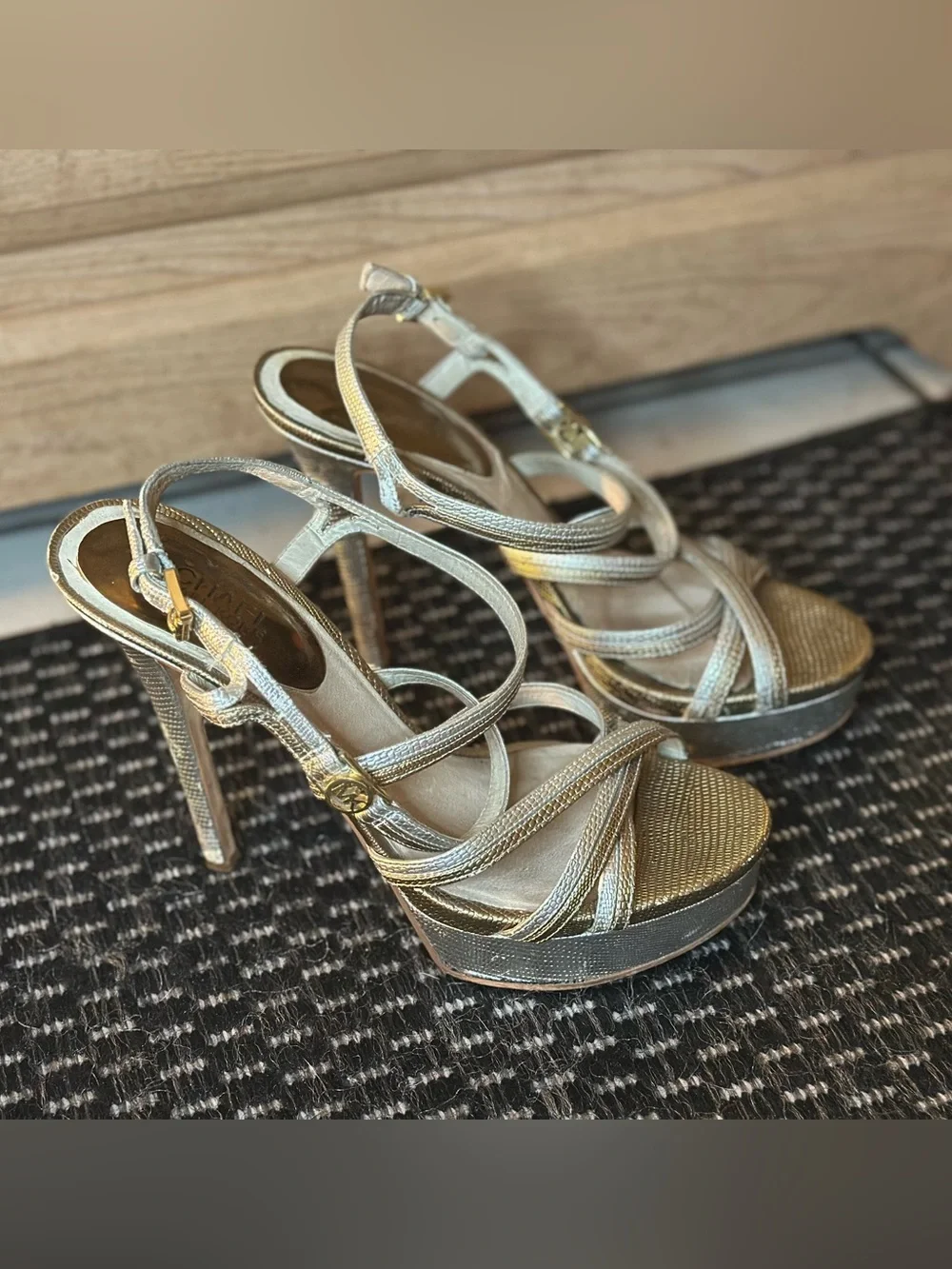 Michael Kors “Cicely” Silver & Gold Leather Strappy Platform Stiletto Heels